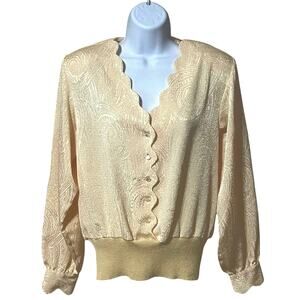 VTG CASTLEBERRY London Paisley Jacquard Scalloped V Neck Button Down Blouse 10
